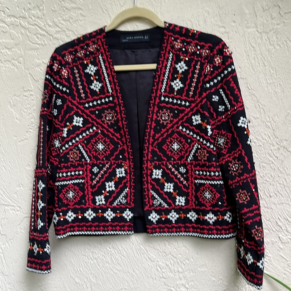 Zara BOHO Chic Black and Red Embroidered bolero Jacket. Size.S NEW With out tags